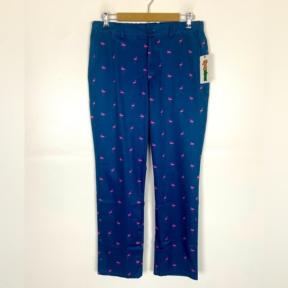 Typsy Elves Men's Slacks Pants Size L Fairway Flamingo Print Blue Pink Flex